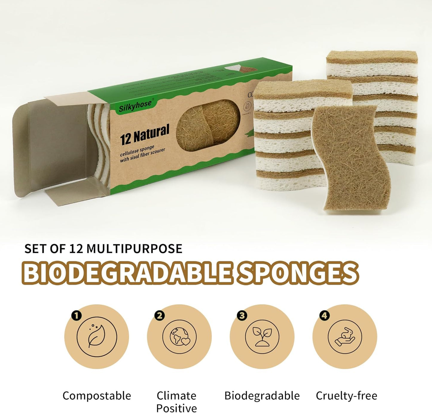 12 Pack Non Scratch S-Shaped Natural Kitchen Sponges - Biodegradable & Compostable Cellulose with Coconut Fiber - Eco Friendly Dish Sponges for Pots, Pans & Household Cleaning