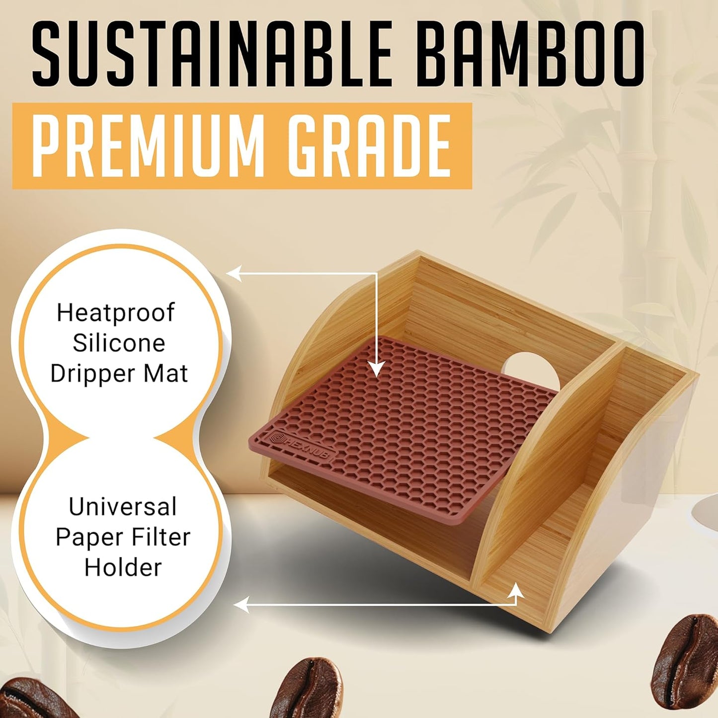 HEXNUB Bamboo Caddy for Pour Over Coffee Maker, Fits Chemex, Bodum, Cosori, Heatproof Mat, Filter Holder