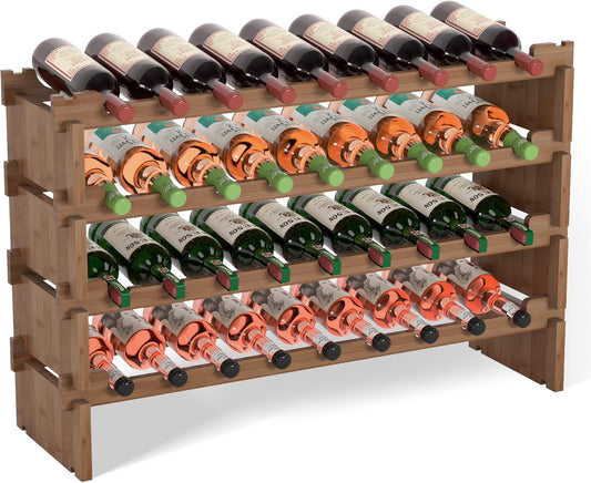 Domax Wine Rack Freestanding Floor - 36 Bottle Wine Racks Countertop,4 Tiers Stackable Wooden Storage Holder, 33.5 in Wide (Walnut)