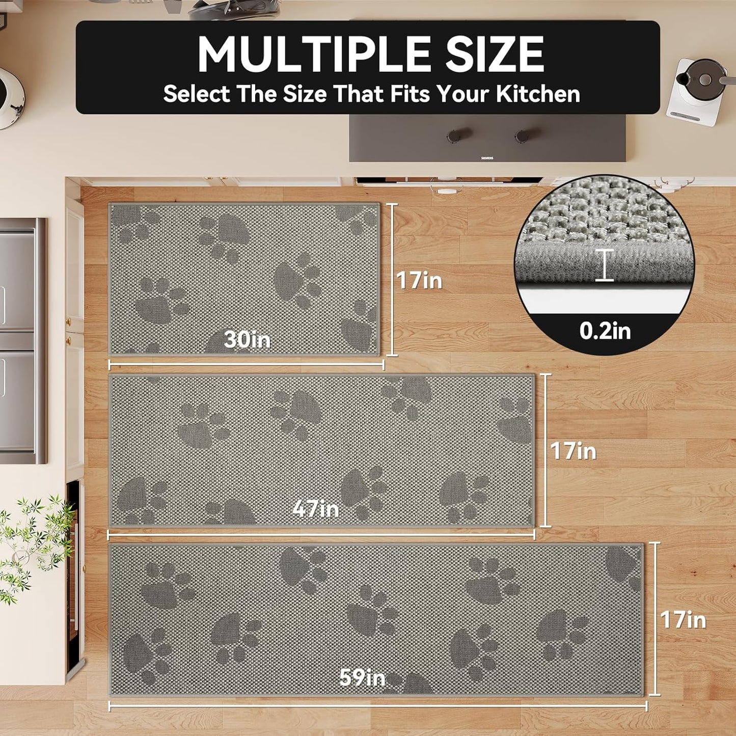 Non-Slip Kitchen Mats for Floor, Soft Woven Linen Embroidery Kitchen Runner Rug - Super Absorbent Washable Kitchen Sink Mat with Rubber Backing for Office & Home Gray 17x59