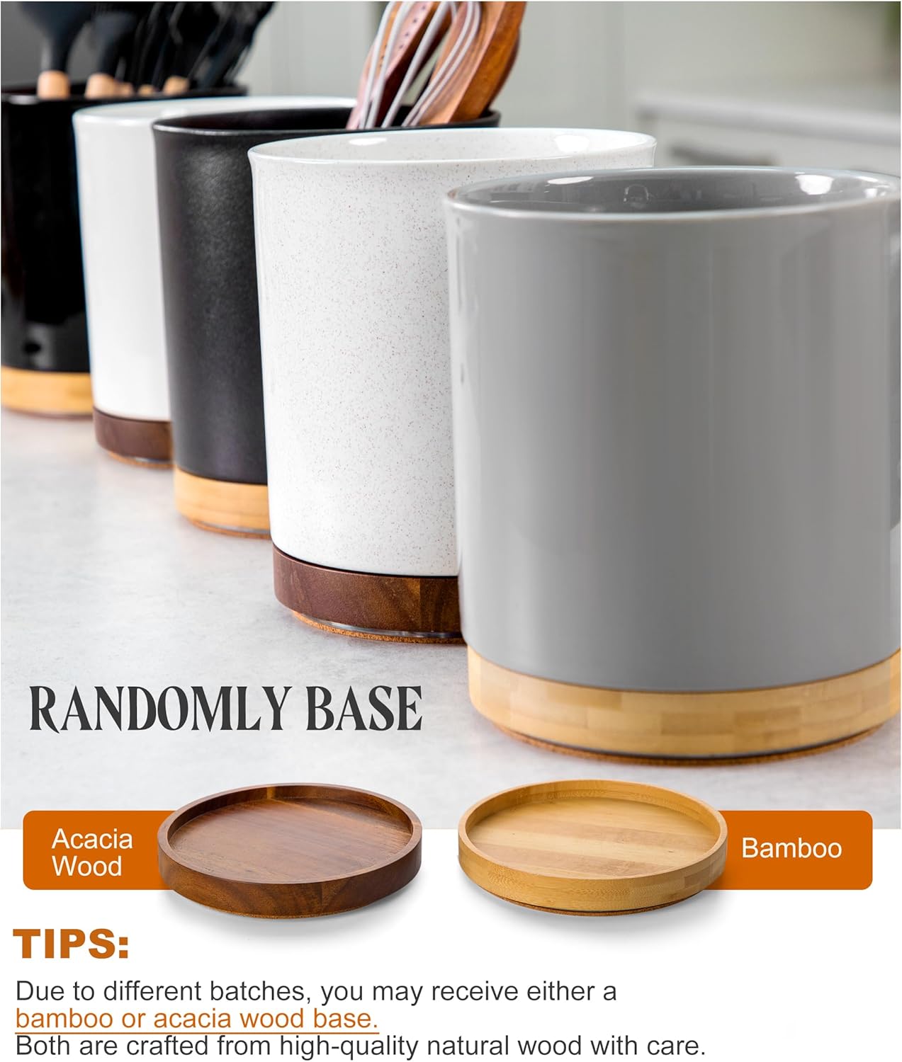 Nucookery 360° Rotating Utensil Holder, 7.2" Large Utensil Crock, White Ceramic Cooking Utensil Organizer with Countertop-Protection Cork Bottom for Farmhouse Kitchen Decor Gift (Black)