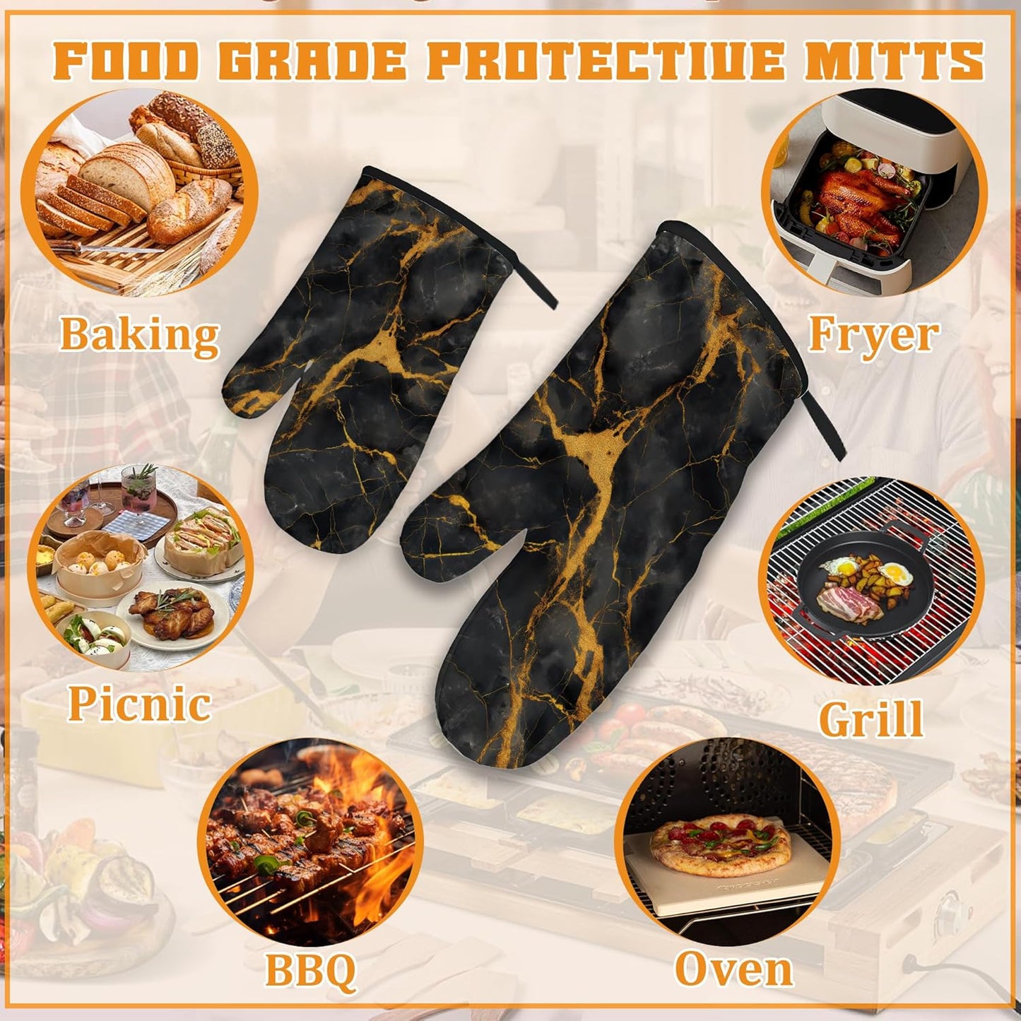 Marble Oven Mitts and Pot Holders Set,Black Gold Marble Kitchen Decor Heat Resistant Non Slip Hot Pads and Oven Mitt for Chef Cooking Baking BBQ Mom Girl Gifts(4 Piece Set)