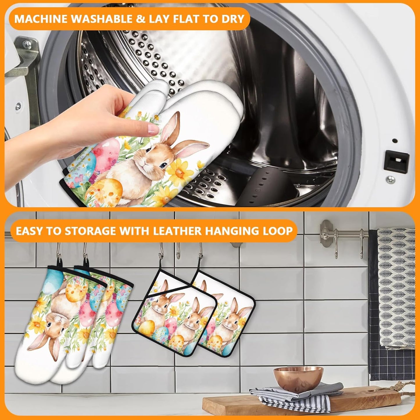 Easter Rabbits Oven Mitts and Pot Holders Sets 4Pcs,Extra Long Oven Gloves Potholder for Kitchen Cooking Baking BBQ 100% Cotton Heat Resistant