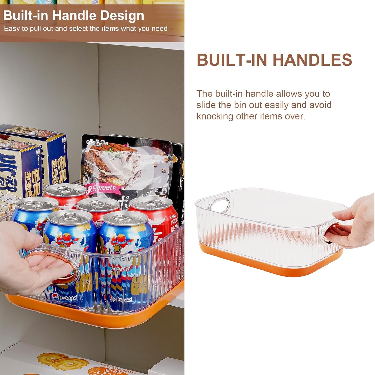 VECELO Refrigerator Organizers - Durable PET Storage Bins, Space Saving, Clear View, Contain Spill, Organizer for Kitchen, Laundry, Closet - Set of 2