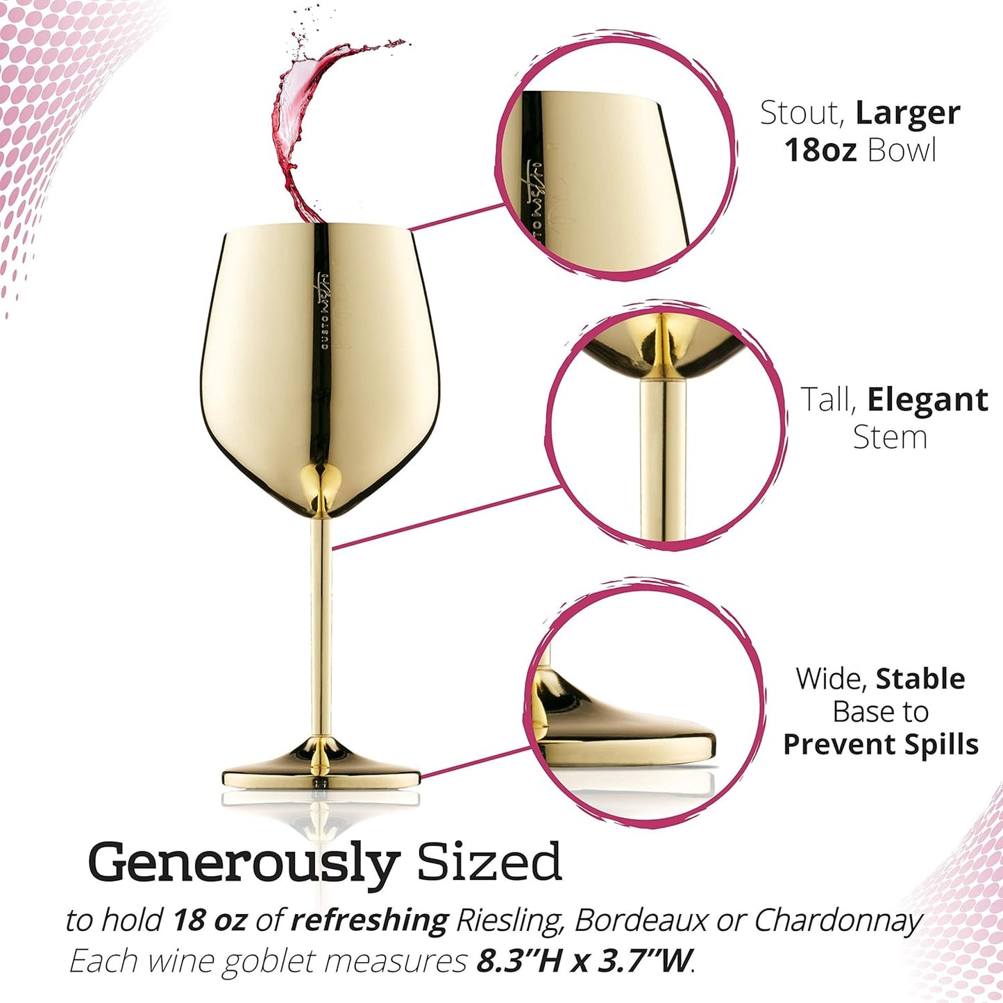 Gusto Nostro Stainless Steel Wine Glass - 18 oz Unbreakable Gold Wine Glasses for Travel, Camping and Pool - Fancy, Unique and Cute Portable Metal Wine Glass for Outdoor Events, Picnics (Set of 4)