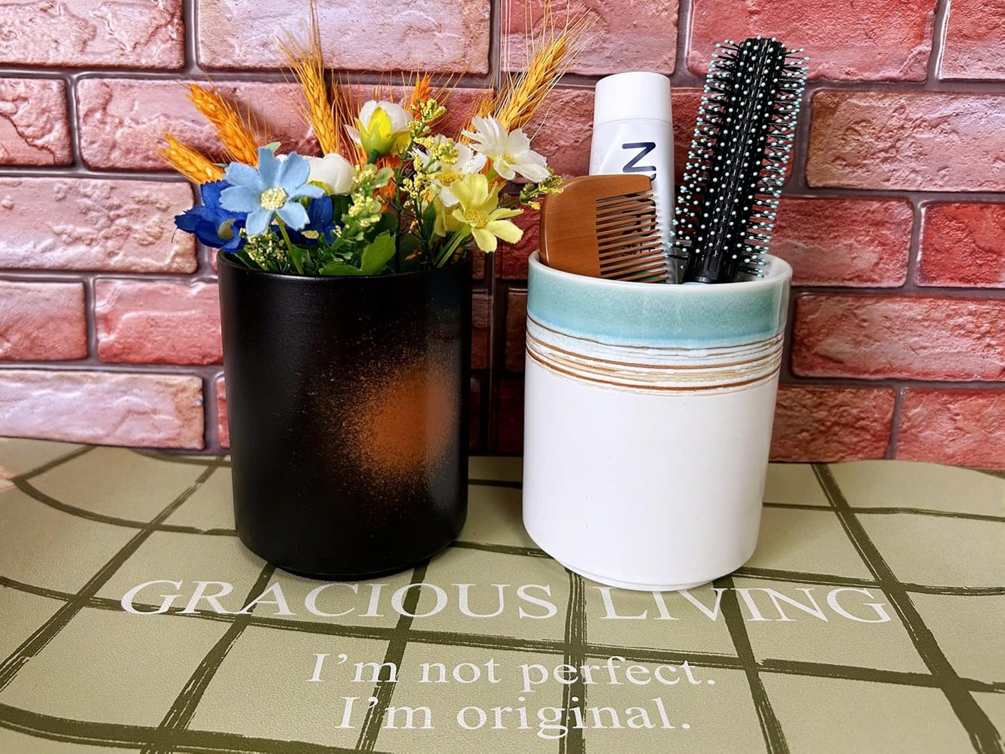 Medium Stoneware Kitchen Utensil Holder for Kitchen Counter Short Cooking Utensil Holder for Countertop Spatula Holder Small Utensil Crock Cutlery Holder Silverware Caddy Flower Vase (Green Field)