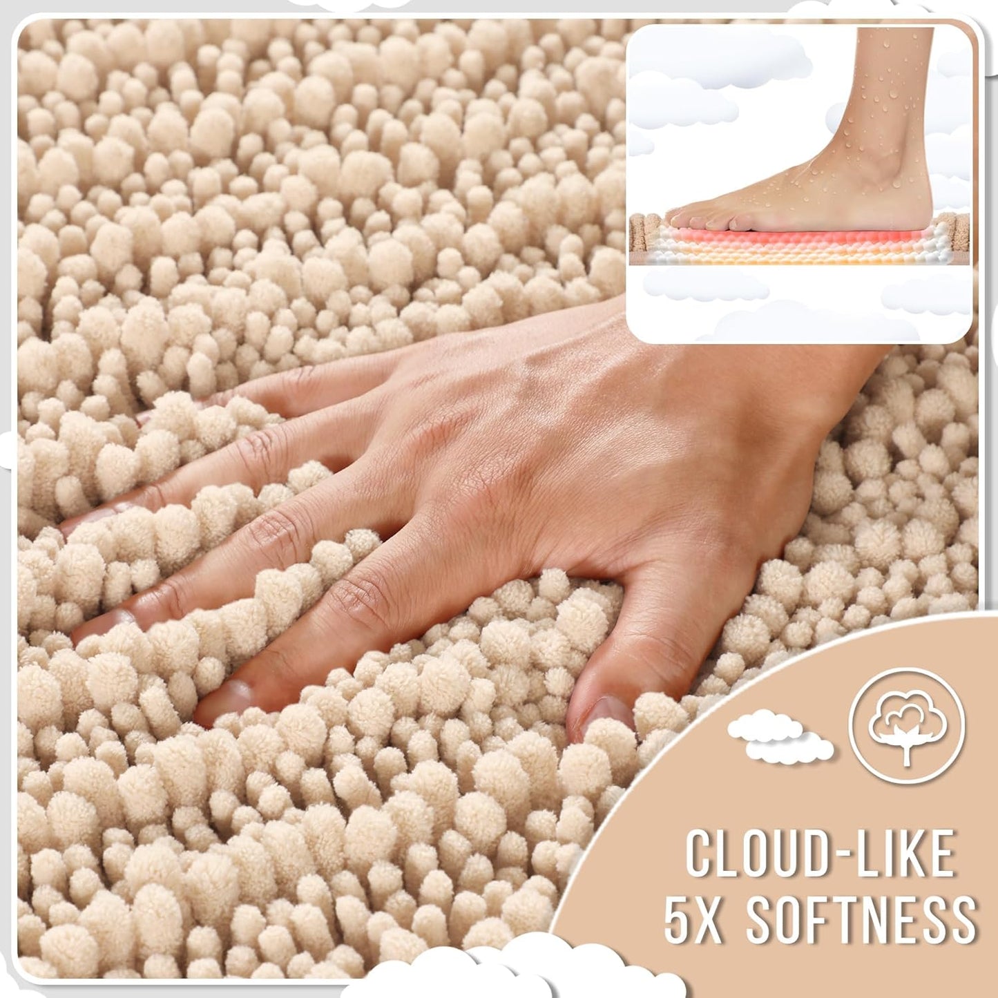 Yimobra Bathroom Rugs Non Slip Washable 24x17 Inch - Ultra Soft Absorbent Chenille Bath Mat, Quick Dry Shaggy Floor Carpet for Tub Shower, Light Brown Home Decor Accessories