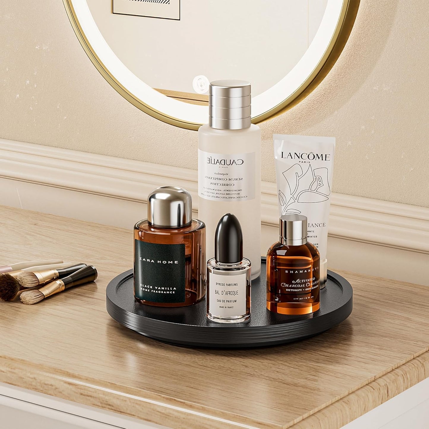 LAMU 9'' Wood Lazy Susan Organizer Turntable for Cabinet, Lazy Susan for Table Top, Pantry, Kitchen, Bathroom, Countertop, Rotating Spice Organizer, Vanity Decor Tray, Pine Wood, Black