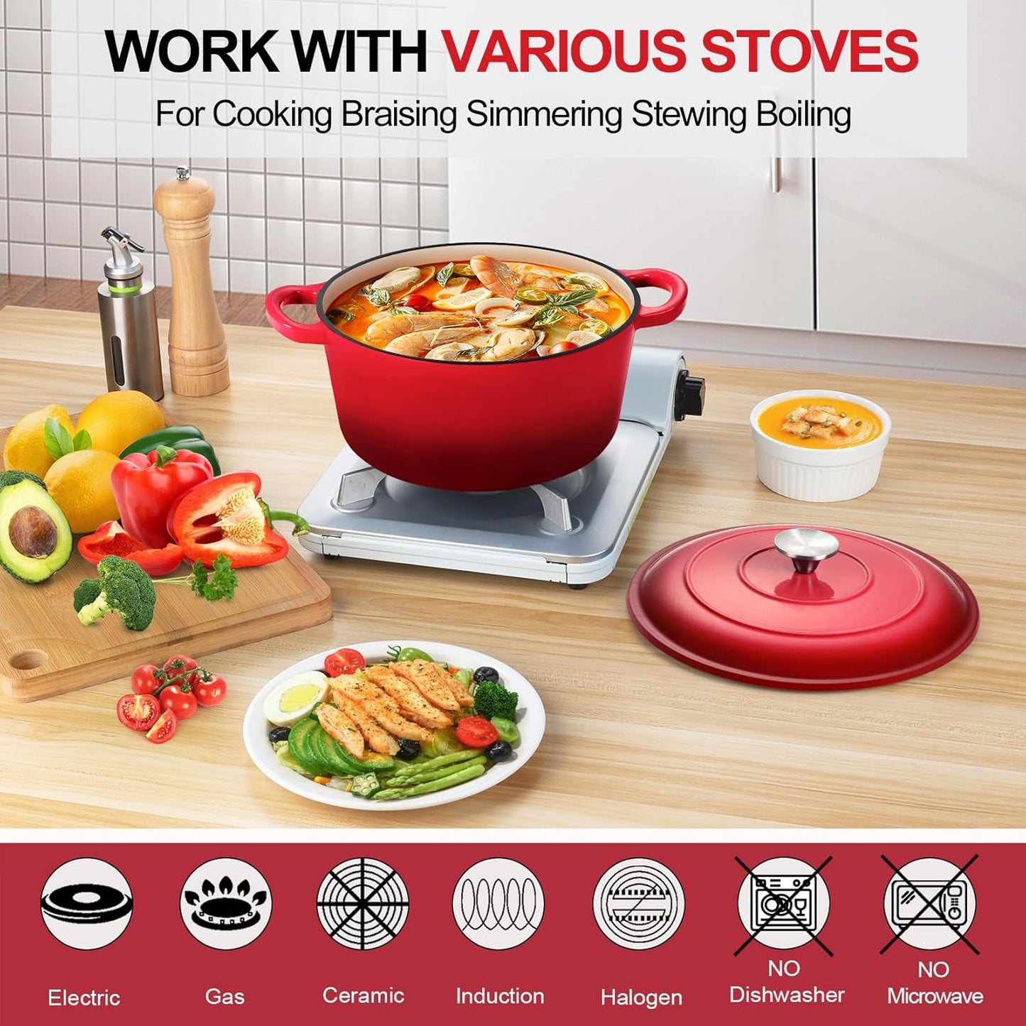 P&P CHEF 5QT Enameled Dutch Oven, Cast Iron Dutch Oven Pot with Lid for Bread Baking, Enameled Casserole Pot for Roasting Braising Stewing Frying Simmering, Various Stoves & Easy Clean, Red