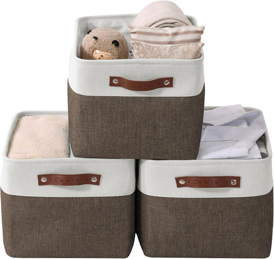 DECOMOMO Storage Baskets for Shelves - Fabric Storage Bins, Linen Closet Organizers and Storage (Brown & White, Large - 3 Pack)