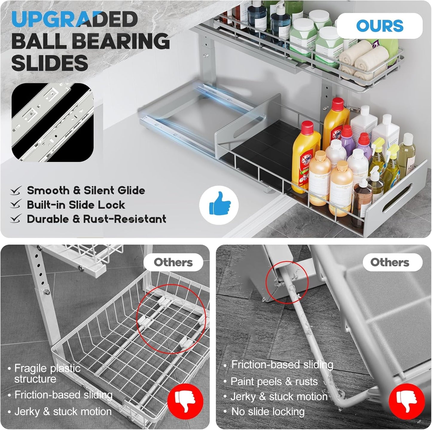 2 Pack 18 IN Depth Under Sink Organizer with Smooth Ball Bearing Slides,2-Tier Pull Out Cabinet Storage,Slide Out Drawers for Bathroom&Kitchen,Rust-resistant Coating,Height Adjustable-Gun Gray