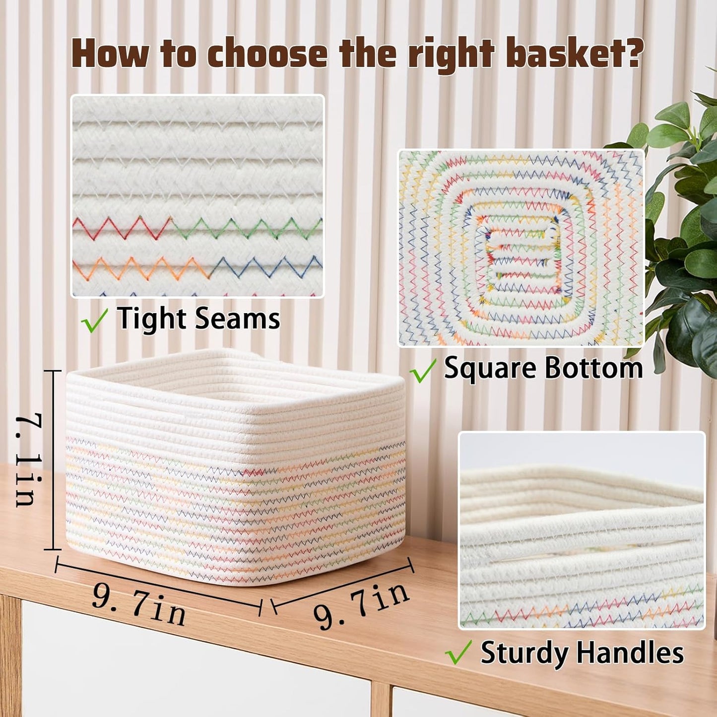 Small Organizing Baskets for Cubes Shelf, 9.7x9.7x7.1 Inch Rope Woven Storage Bins for Nursery Shelves Storage, Cute Toy Basket, Square 3 Packs Off White Rainbow
