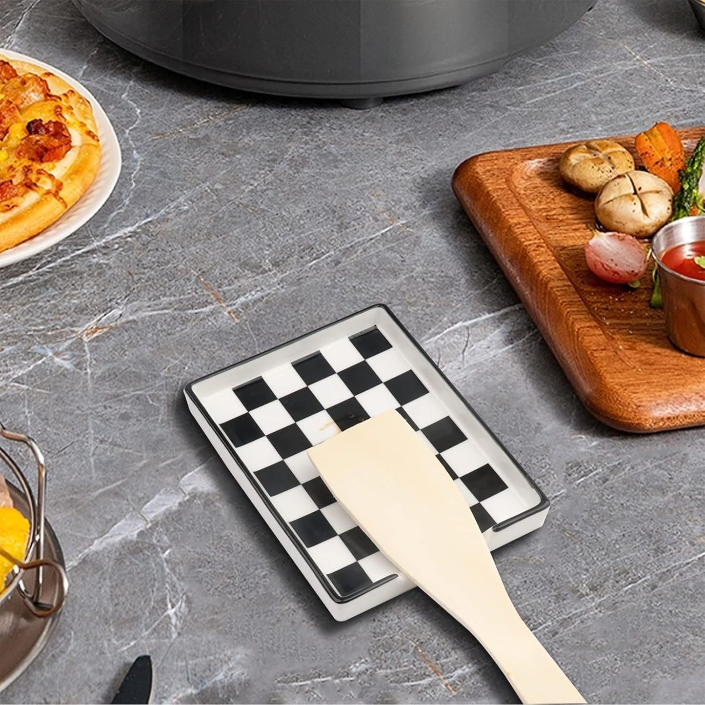 Spoon Rest,Ceramic Spoon Rest for Kitchen Counter Dishwasher Safe Marble Decor Spoon Holder for Kitchen (Large, Black&White, 1)