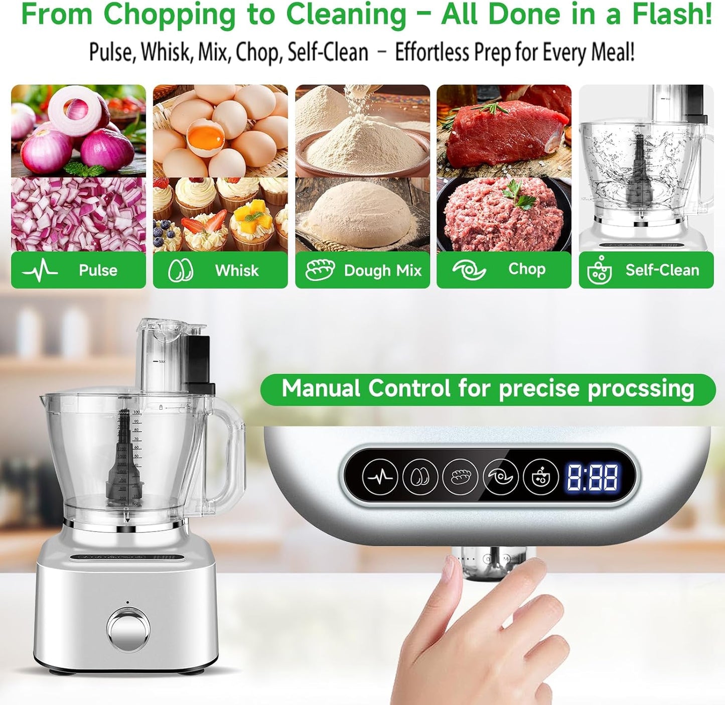 Homtone 16 Cup Food Processor Large, Aluminum-Diecast 11-In-1Food Processor with Whisk, 5 Preset Modes& Stepless Speed Control, 8 Blades for Shred, Slice, Chop, Knead, Dice, Fries Cut, 650W, Sliver