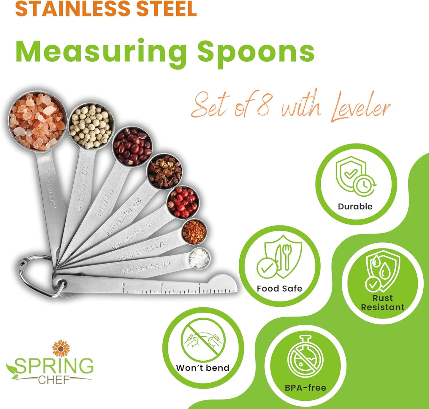 Spring Chef Stainless Steel Measuring Spoons Set of 8 with Leveler, Round Metal Teaspoon & Tablespoon Measuring Spoons - Nesting Kitchen Gadgets For Baking & Cooking, Dry & Liquid Ingredients