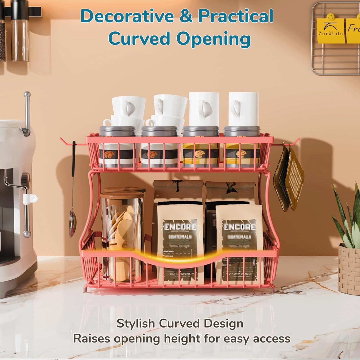 Large 2-Tier Fruit Basket for Kitchen Counter with 2 Banana Hangers – Metal Fruit Bowl for Onion, Vegetable, Snacks, Breads Storage – Countertop Organizer – Pink