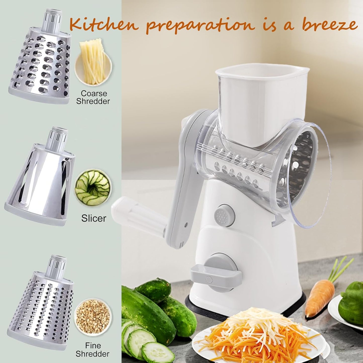 3-in-1 Rotary Cheese Grater Vegetable Slicer, 3 Interchangeable Blades Food Shredder with Anti-Slip Reinforced Suction Base, Kitchen Mandoline Chopper (White)