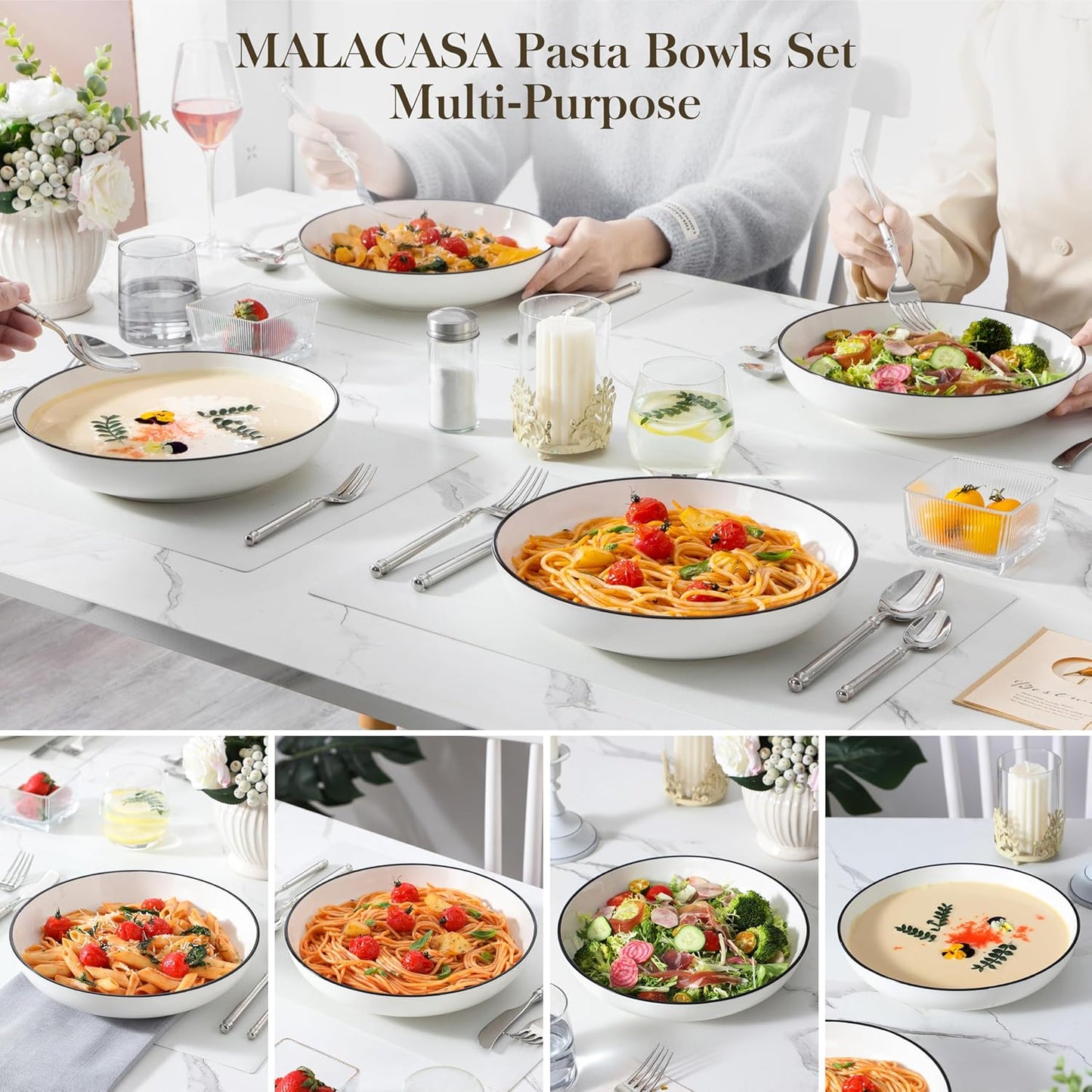 MALACASA 10" Large Pasta Bowls, 56 OZ White Salad Bowls Soup Bowls, Porcelain Serving Bowls Set of 4, Ivory White & Black Rim, Microwave & Dishwasher Safe, Series REGULAR