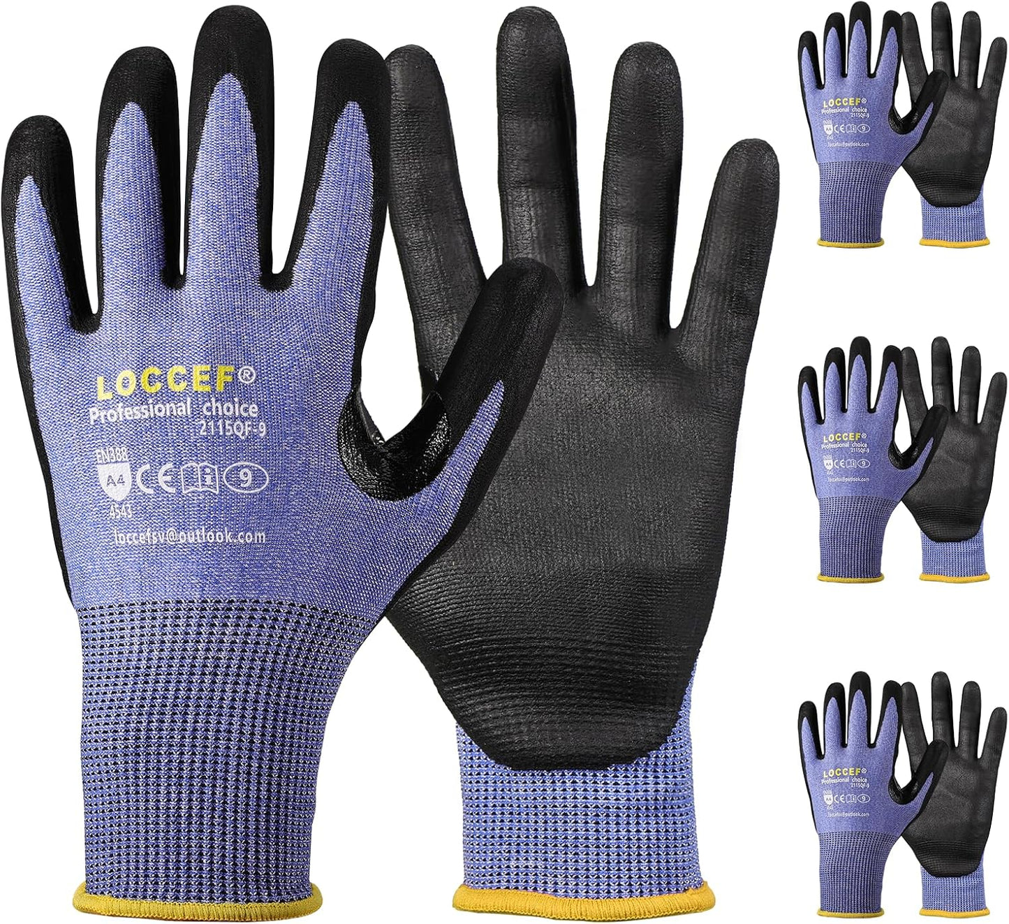 LOCCEF 3 Pairs Safety Work Gloves,Touchscreen Compatible, Superior Dexterity,Level 5/A4 Cut Resistant Work Gloves