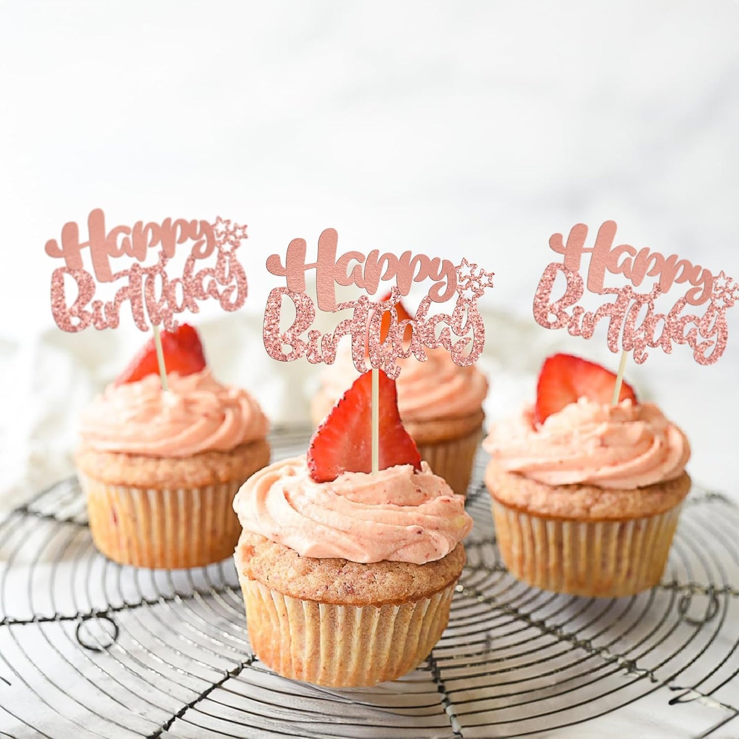 Ephlyn 24Pcs Rose Gold Happy Birthday Cupcake Toppers for Baby Shower, Kids, Boys, Girls Birthday & Anniversary Parties