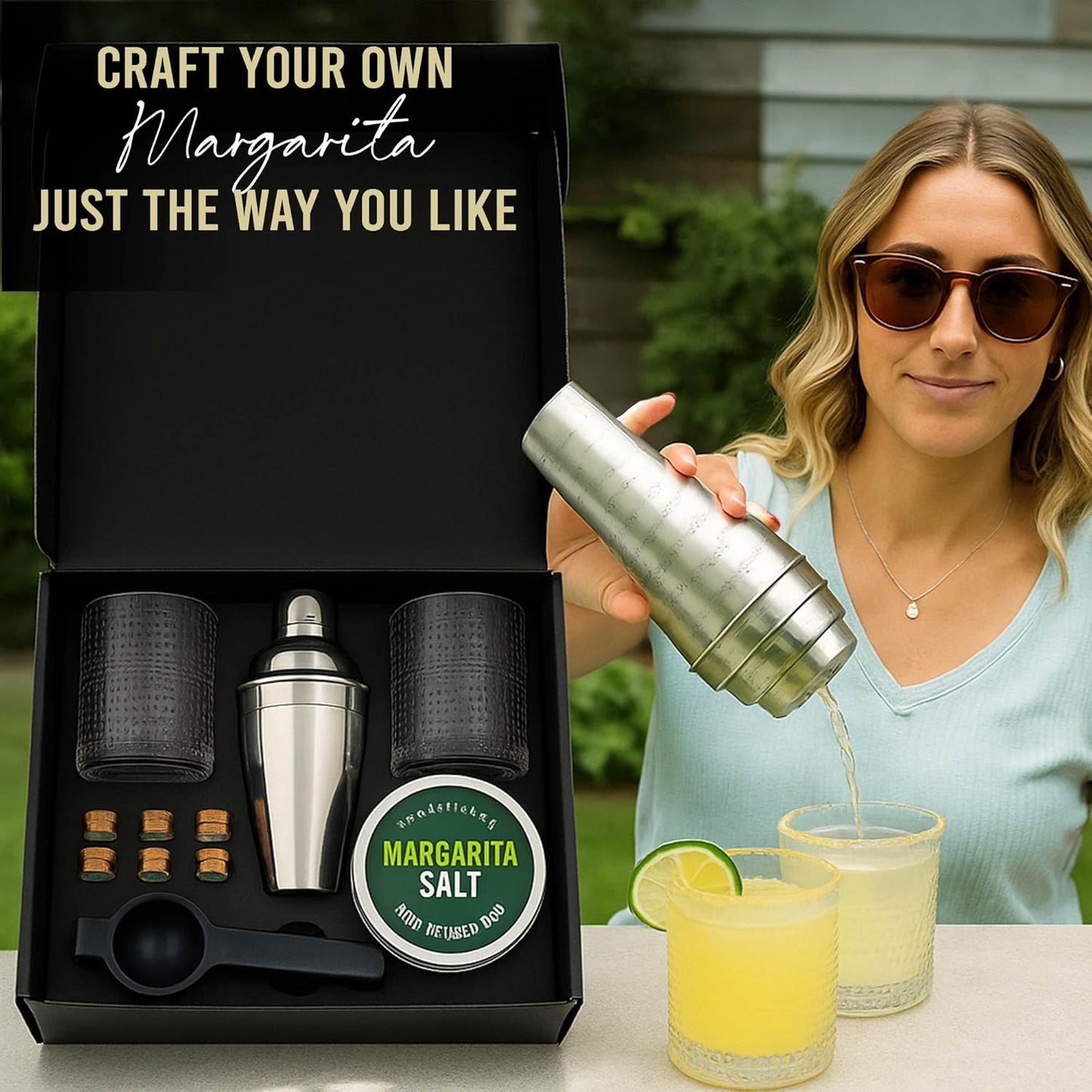 Margarita Kit Gift Set - 5 Botanicals - 2 Glasses - Stainless Steel Shaker & Jigger - Citrus Squeezer - Lime Infused Salt - Dried Lime - Recipe Book - Infusion Cocktail Kit - Basket Gift Set For Women