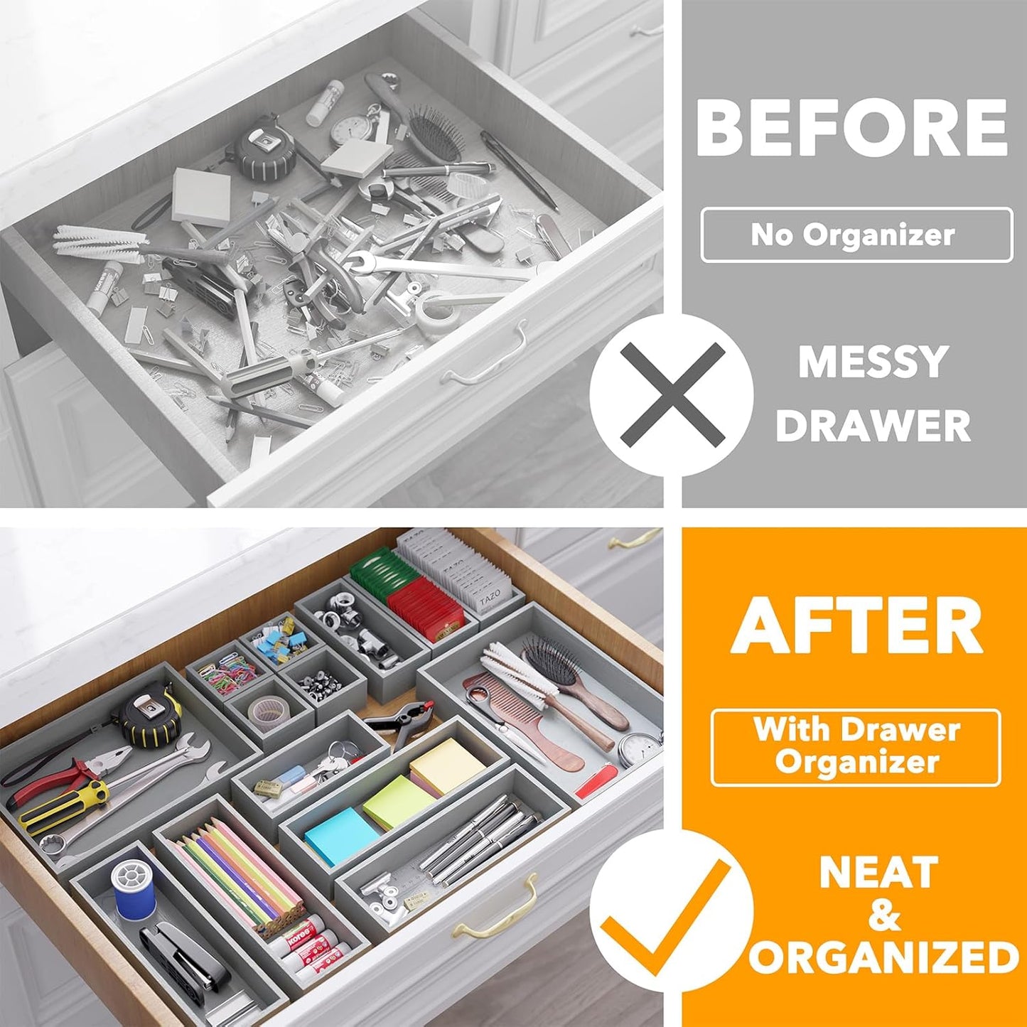 SpaceAid 14-Piece Bamboo Drawer Organizer Storage Boxes Set, Wood Tray Junk Drawer Organizers Multi-Use Divider Bins for Kitchen, Bathroom, Office Desk and Makeup Organization (14 Pack, Gray)