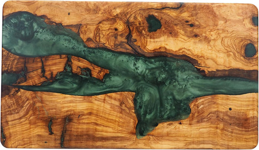 Handmade Epoxy Cutting Board & Charcuterie Board - Decorative, Olive Wood Boards for Serving Cheese, Fruit, Meat - Ideal for Kitchen, Unique Housewarming Gift - Emerald Resin