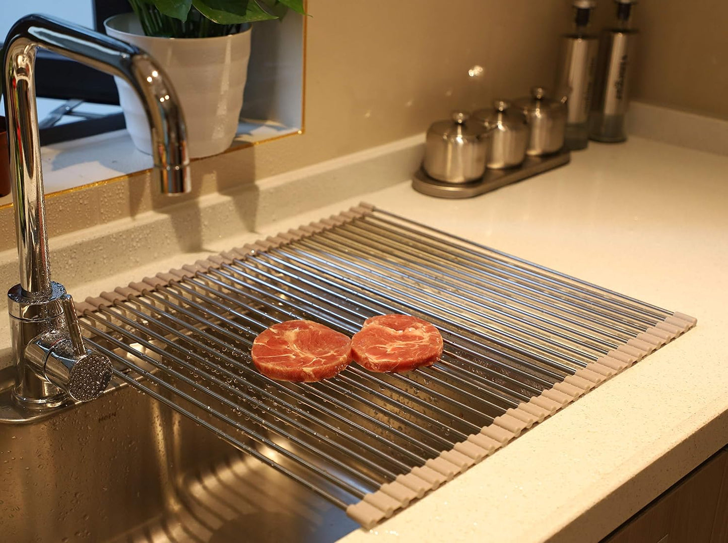 Ahyuan Roll up Dish Drying Rack Over The Sink Kitchen Roll up Sink Drying Rack Portable Dish Drainer Foldable Dish Drying Rack (Warm Gray, 20.5''X19.7'')