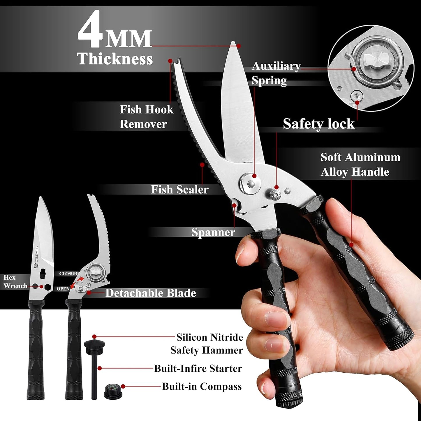 WILDMOK Heavy Duty Poultry Shears - 8.5 Inch Multi-function Stainless Steel Poultry Outdoor Shears, Ultra Sharp Kitchen Scissors for Outdoor Camp, Black