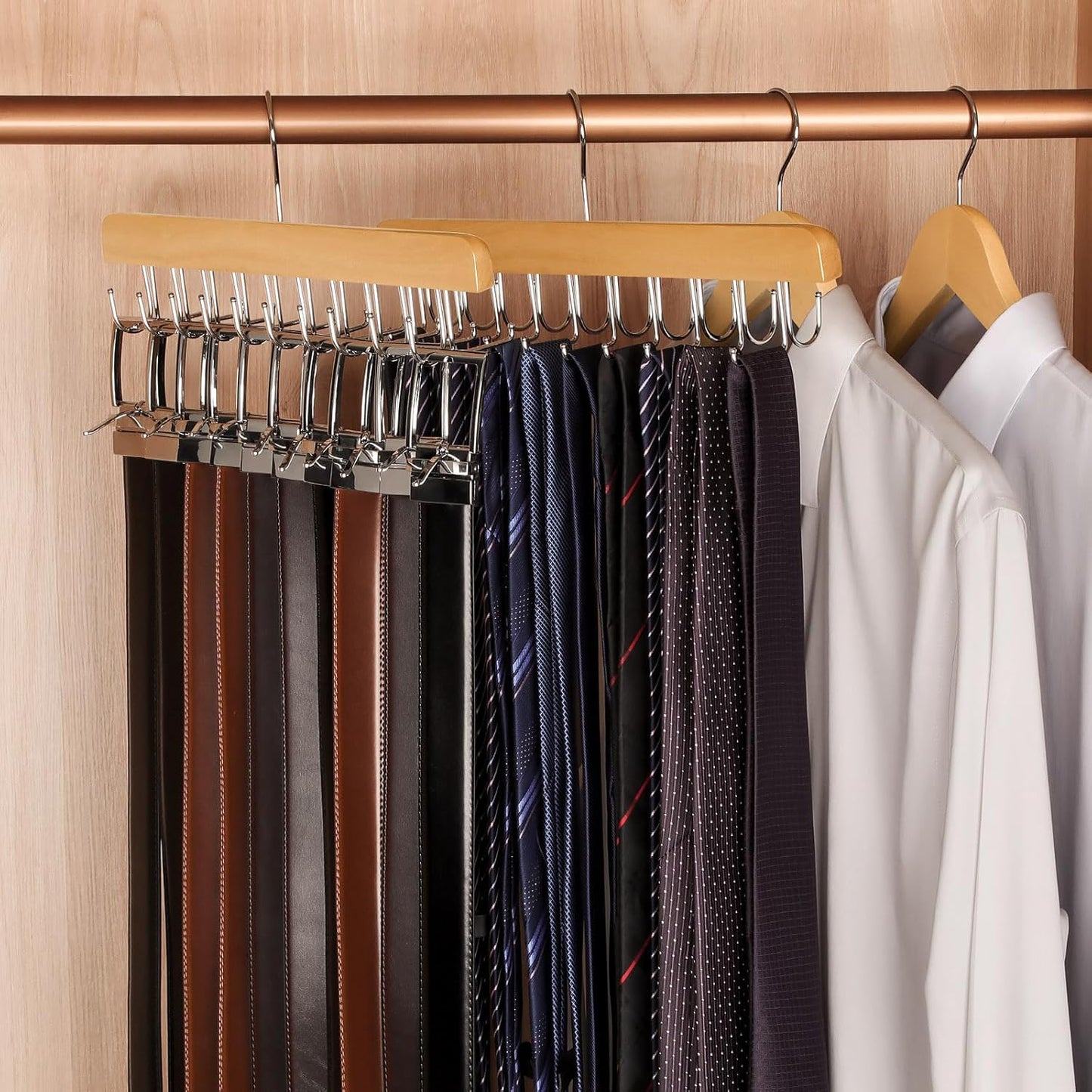 TOPIA HANGER 2 Pack 2 in 1 Belt Tie Hanger for Closet Max 60 Belts with 60 Ties Capacity, 20 Hooks Belt Tie Racks Wooden Hanger for Closet Organizer Space Saving “U” Fit Belt and “一” Fit Tie - CT59N