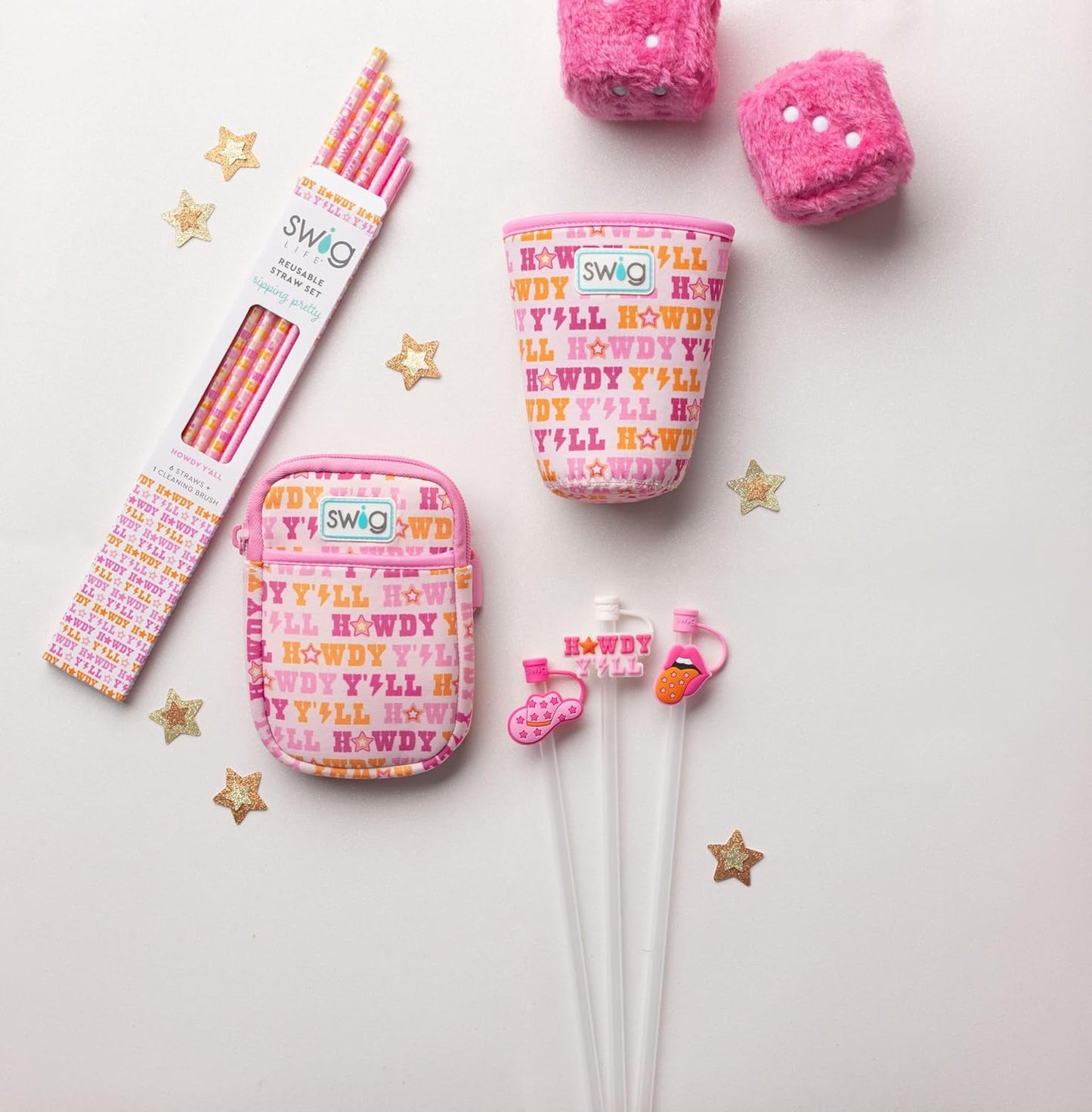 Swig Life Reusable Straws Howdy Y'all + Pink Glitter Tall Straw Set & Cleaning Brush, Each Straw is 10.25 inch Long (Fits Swig Life 20oz Tumblers, 22oz, and 32oz Tumblers)