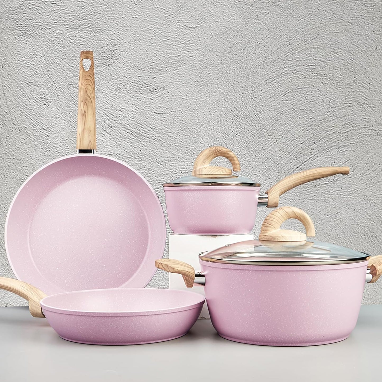 Pots and Pans Set Non Stick, Ceramic Cookware Set with Granite Pattern, Induction Kitchen Cooking Sets w/Frying Pans, Saucepans, Casserole with Lids, Non-Toxic, PTFE/PFOA/PFOS-Free, Pale Pink