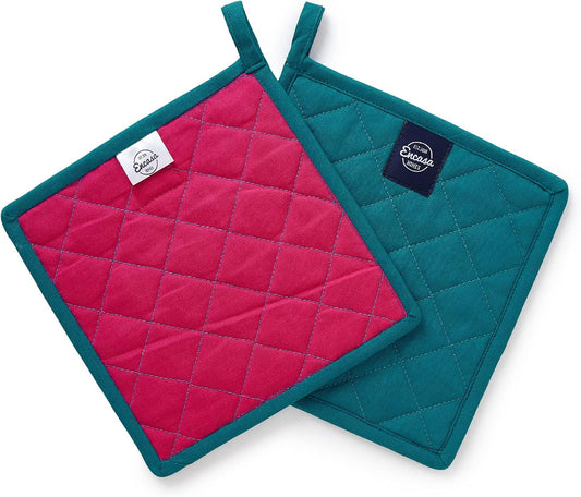 Encasa XO Heat Resistant Cotton Pot Holders with Hanging Loop - Set of 2 - Azul Blue - Multipurpose Quilted Everyday Hot Pad for Kitchen, Camping, BBQ & Microwave - 8x8 in