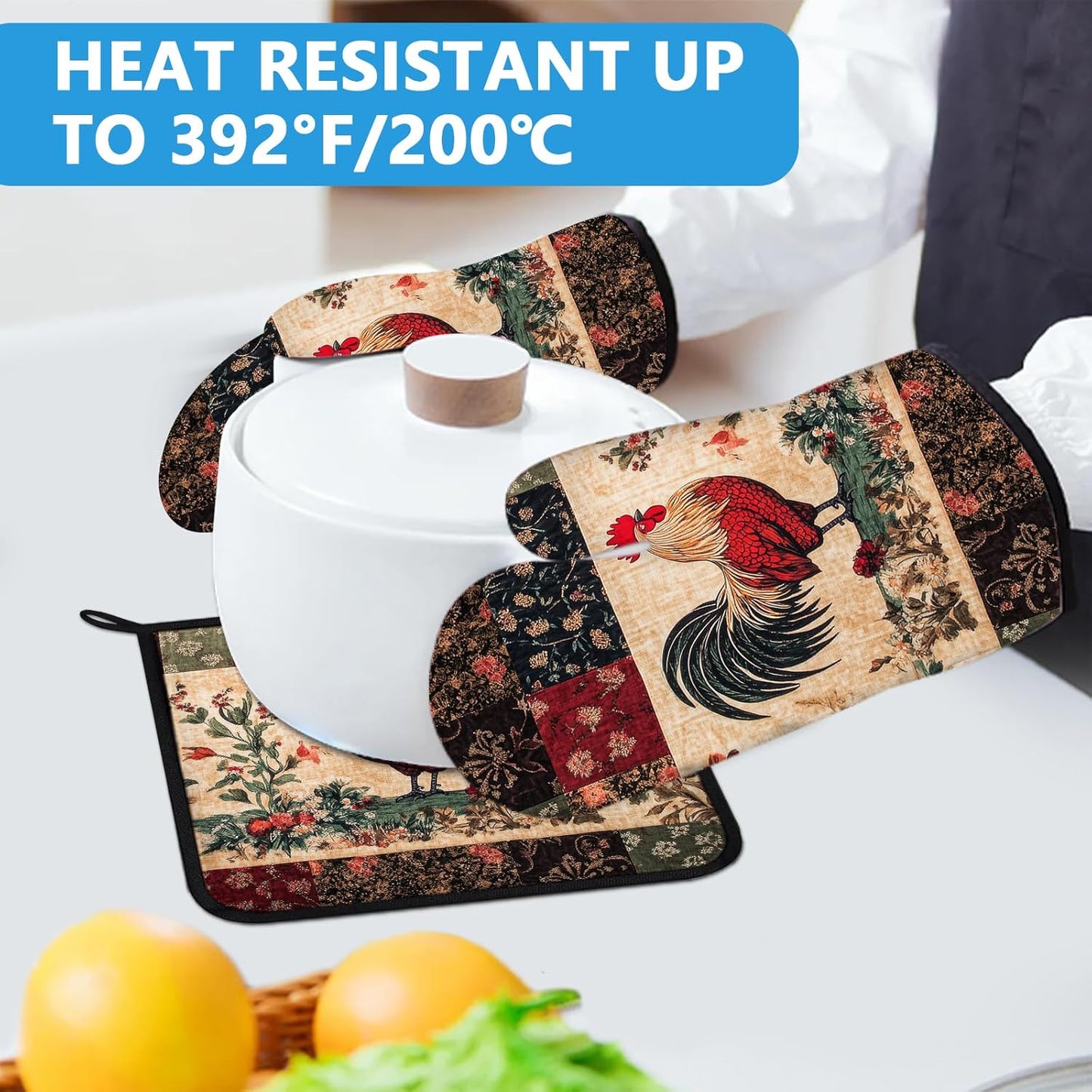 Rustic Rooster Oven Mitts and Pot Holders Sets Heat Resistant 4Pcs Potholders Oven Gloves Hot Pads for Kitchen Baking Cooking Grilling BBQ