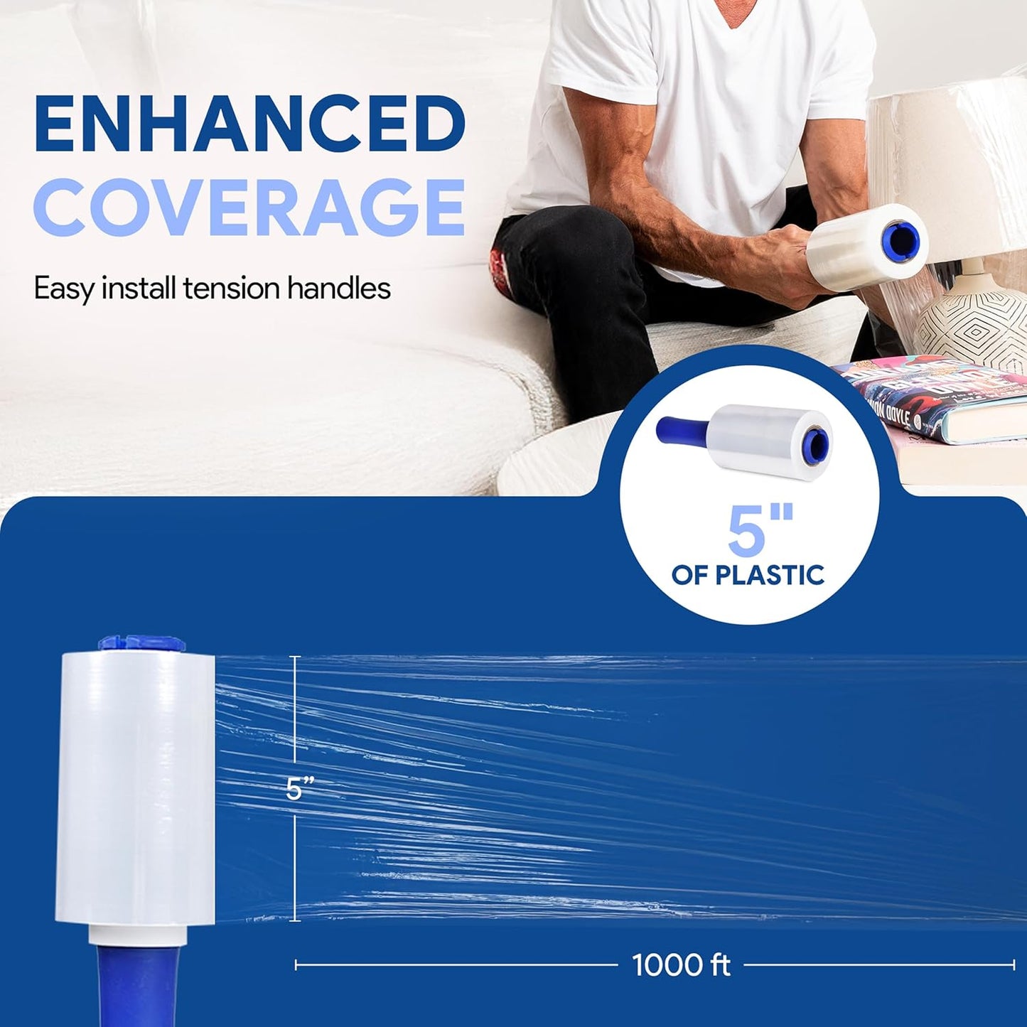 International Plastics Co. 6 Pack of 5" Plastic Stretch Film Wrap with Rotating Handles 1000 feet Each 500% Stretch Ability