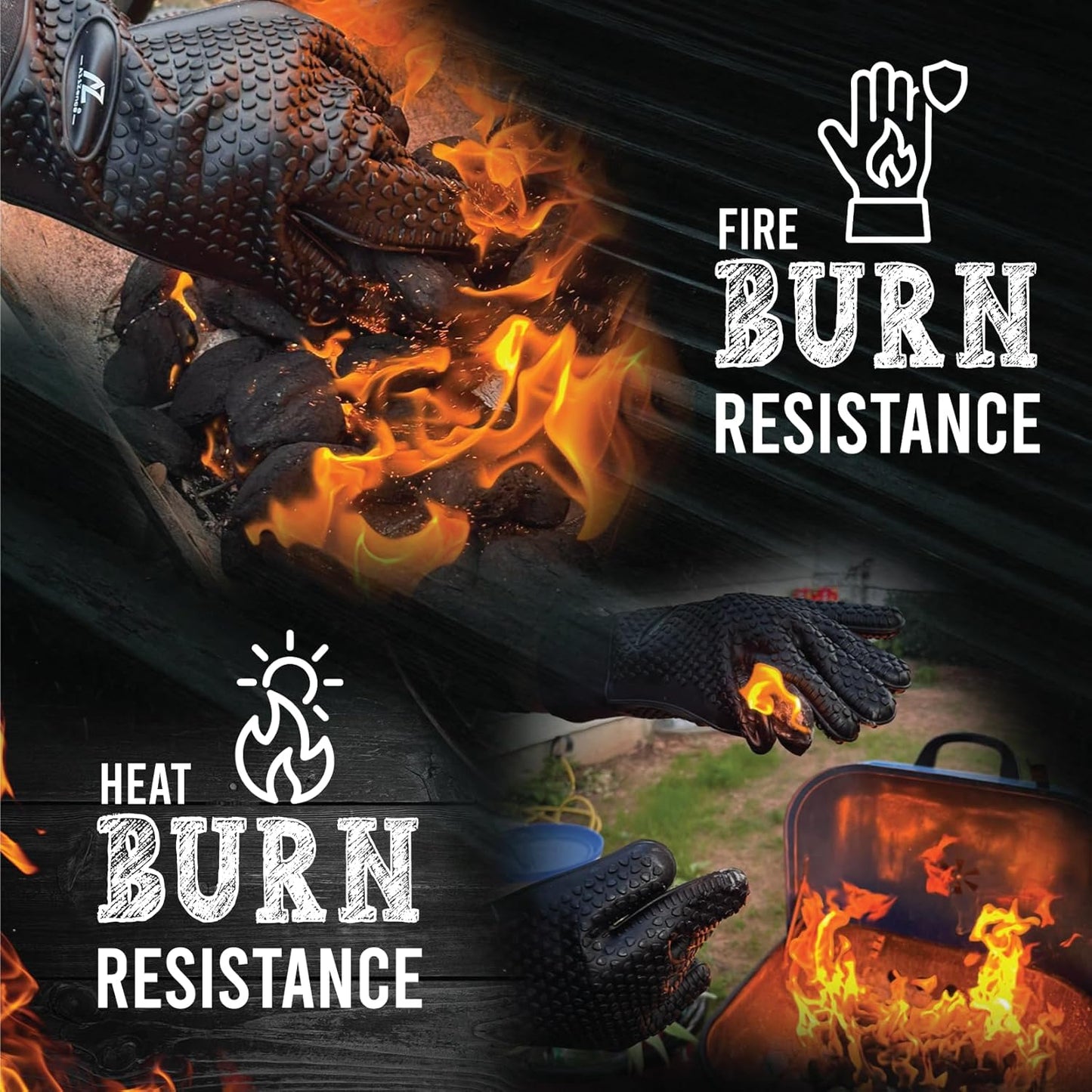 Silicone Smoker Oven Gloves & BBQ Set – Extreme Heat Resistant, Waterproof Oven Mitts, Mini Gloves, Hot Pads & Pot Holders for Cooking, Grilling, Baking & Fireworks, Extra Soft, Pack of 6. (Black)