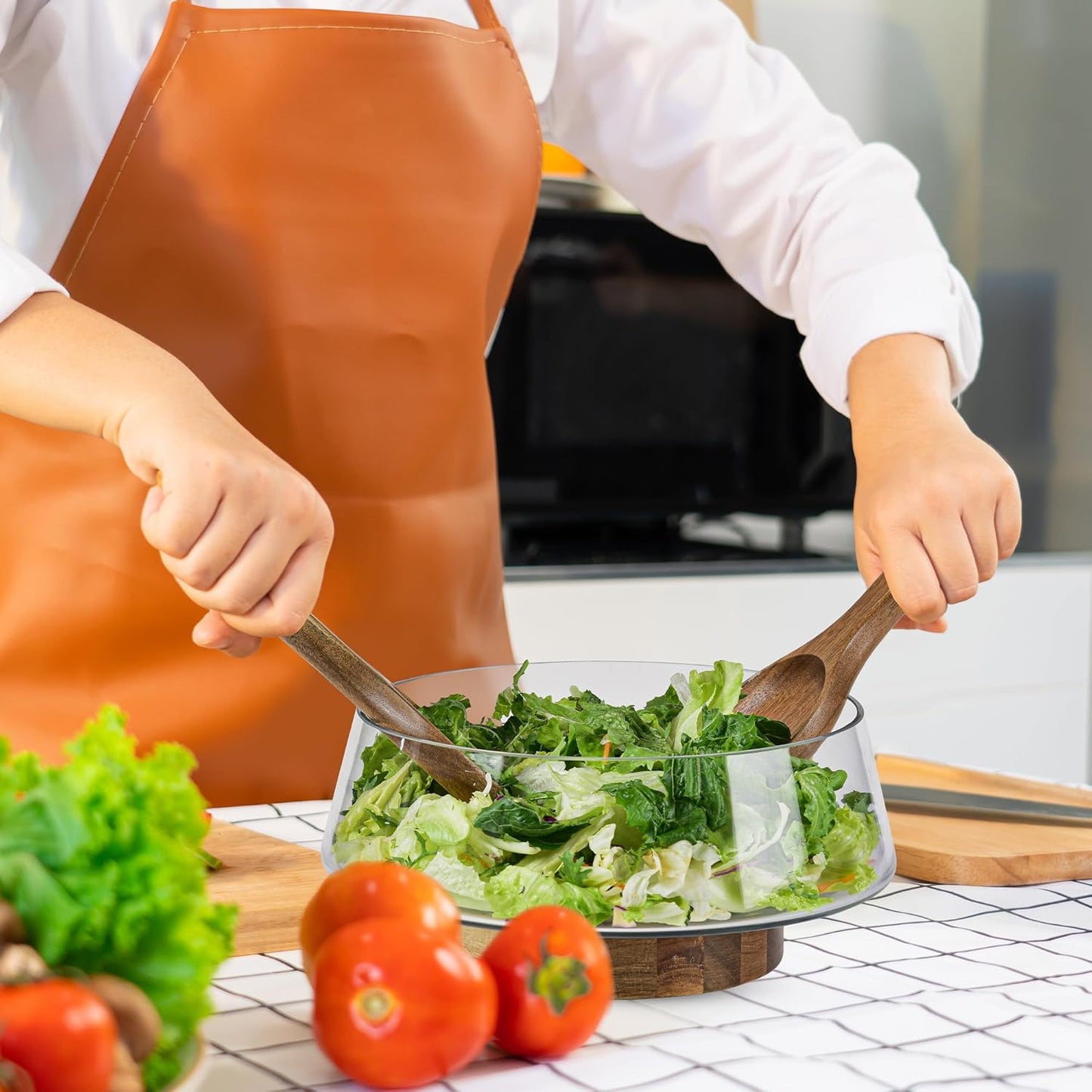 Extra Large Glass Salad Bowl Set - Party Salad Bowls with Acacia Wood Base and Serving Utensils - Elegant and Practical Kitchen Must-Have