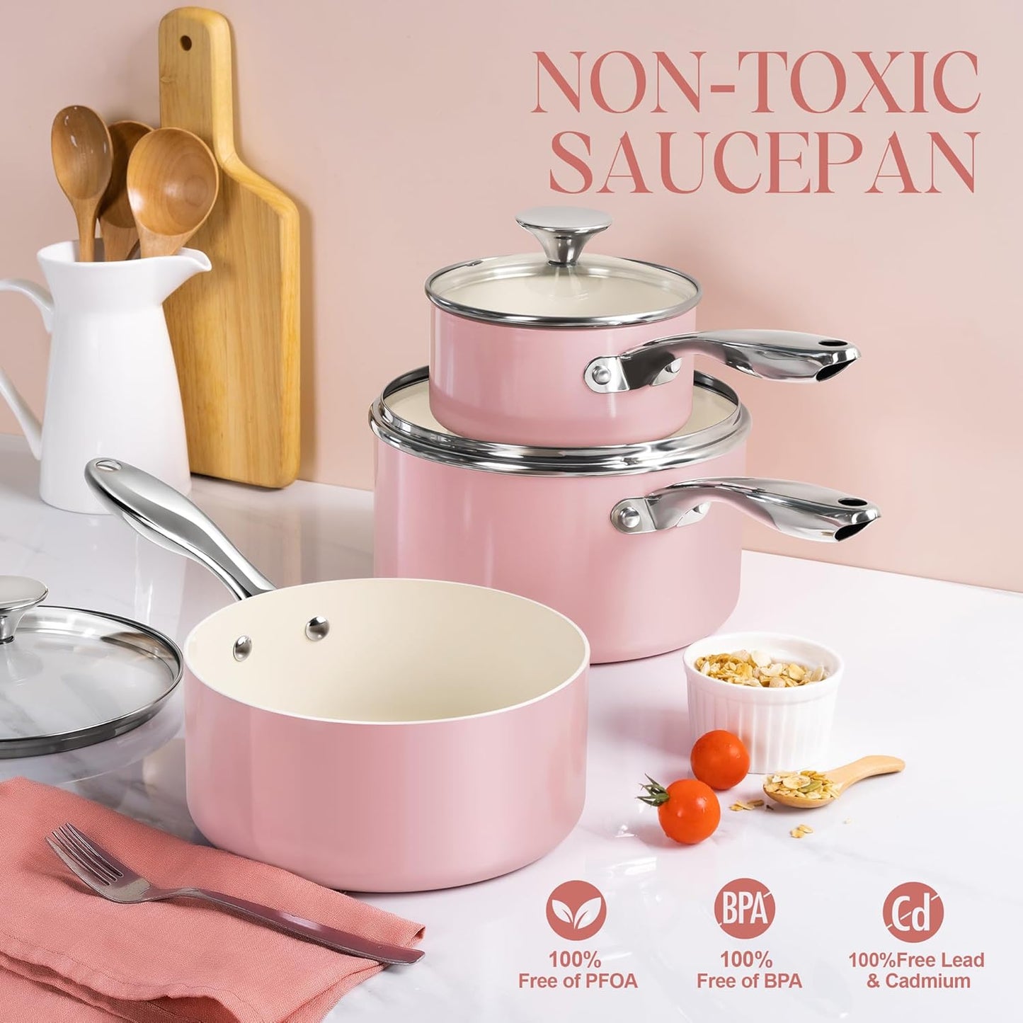 MICHELANGELO 3 Quart Saucepan with Lid - Non Toxic Sauce Pan with Nonstick Ceramic Coating, Scratch-Resistant, Induction Saucepan Suitable for All Stovetops, Pink