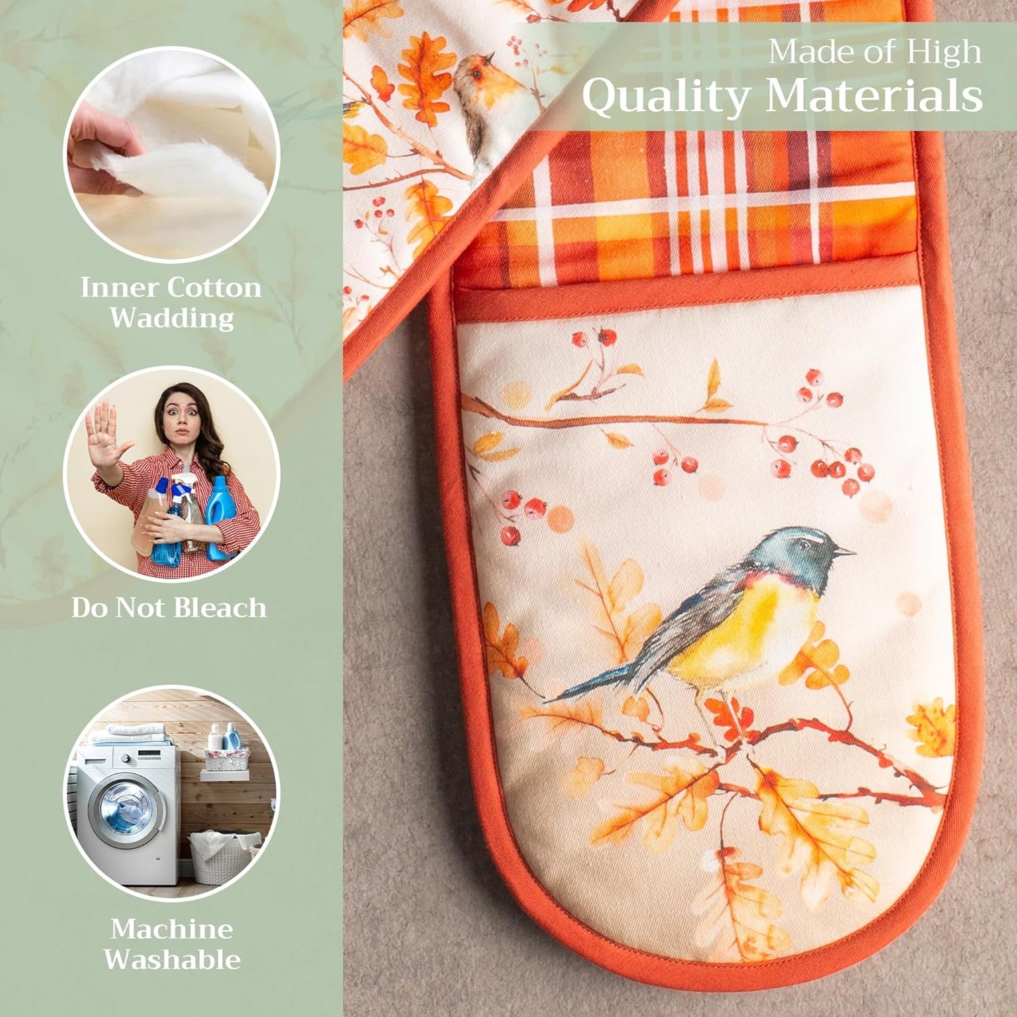 Maison d' Hermine Double Oven Mitt 100% Cotton Heat Resistant Cooking Gloves with Loop, Baking Barbeque, Handling Hot Pan, Oak Leaves - Thanksgiving/Christmas (7 Inch x 35 Inch)