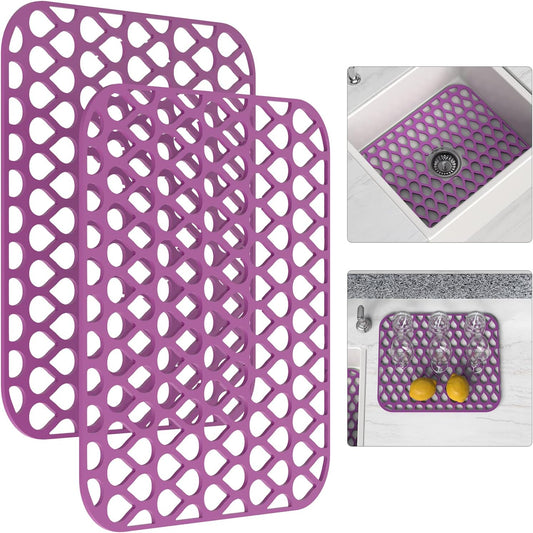 Sink Protectors for Kitchen Sink, 13.58"x 11.6" 2PCS Dish Rack, Protect from Stains, Damage, Scratches, Dishwasher Safe Grid, Silicone Mat for Kitchen Purple