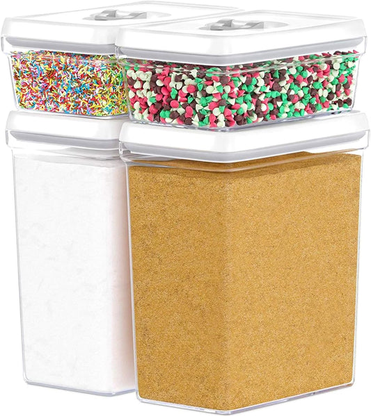 DWËLLZA KITCHEN Large Airtight Food Storage Containers - Clear Plastic Bulk Food Pantry & Kitchen Storage Containers for Flour, Sugar and Baking Supplies 4 Pcs. BPA-Free, Keeps Fresh & Dry (White)