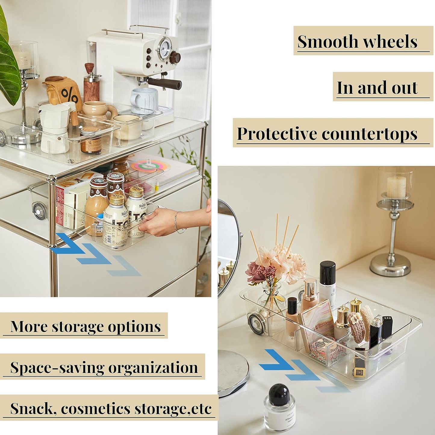 Attelite RollOut Refrigerator Drawer Organizer and Storage Clear Design with Dividers, Fridge Organizer on Wheels, Upgrade Thick Plastic Pantry Storage Bins, Kitchen Organization 2 Set