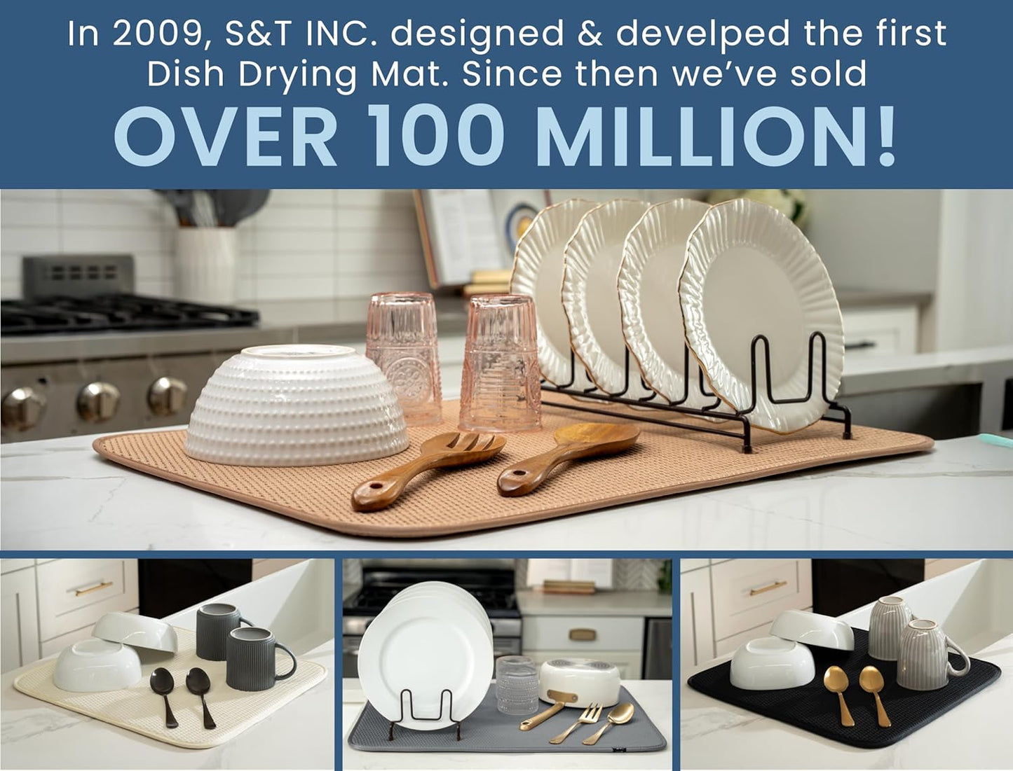 S&T INC. Dish Drying Mat, 16” x 18”, Absorbent Microfiber Kitchen Counter Mat, Drying Pad for Dishes, Utensils, Pots and Pans, Large, Diamond Texture, Almond