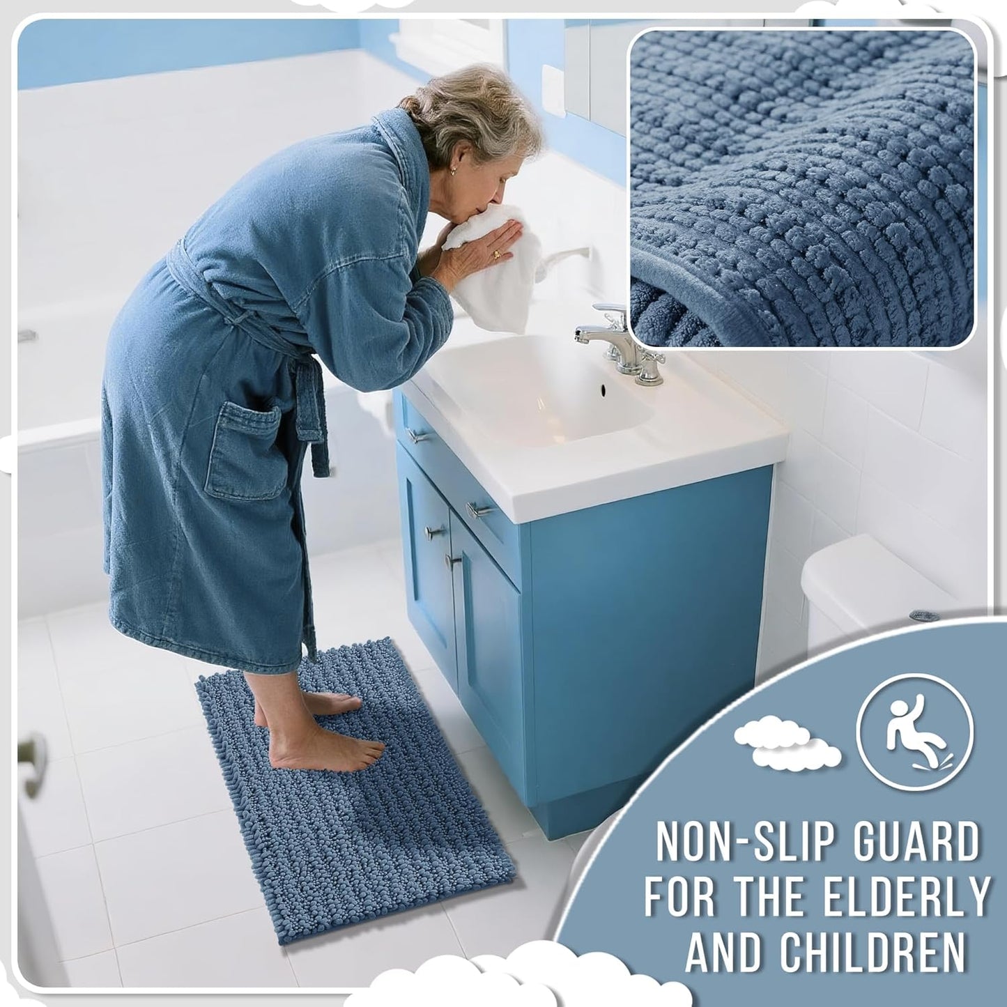 Yimobra Bathroom Rugs Non Slip Washable 24x17 Inch - Ultra Soft Absorbent Chenille Bath Mat, Quick Dry Shaggy Floor Carpet for Tub Shower, Denim Blue Home Decor Accessories