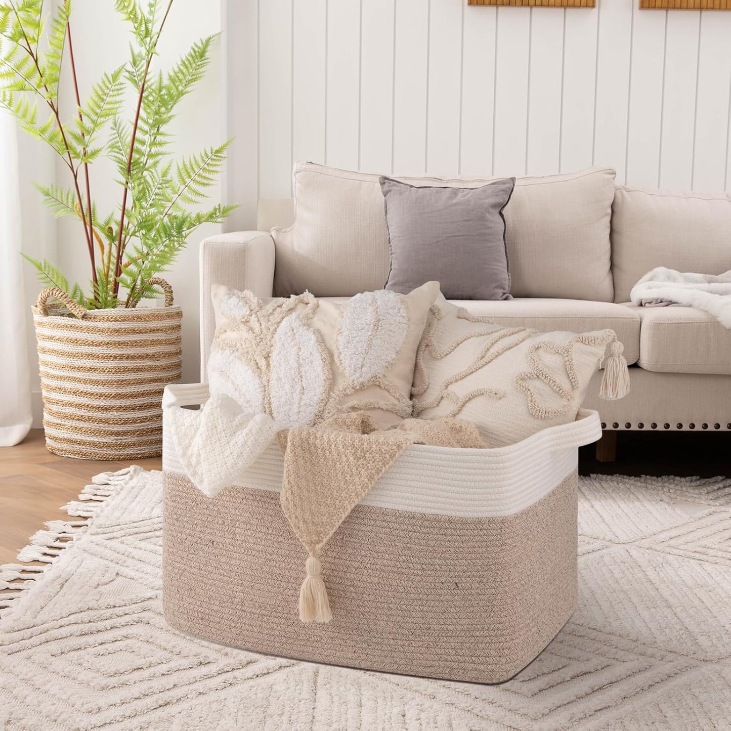 OIAHOMY 95L Blanket Basket, 24”x17”x14”, Large Woven Basket for Storage, Nursery Cotton Rope Basket with Handle, Living Room, Nursery, Bedroom,Toy Storage Organizer Bins, Brown and White