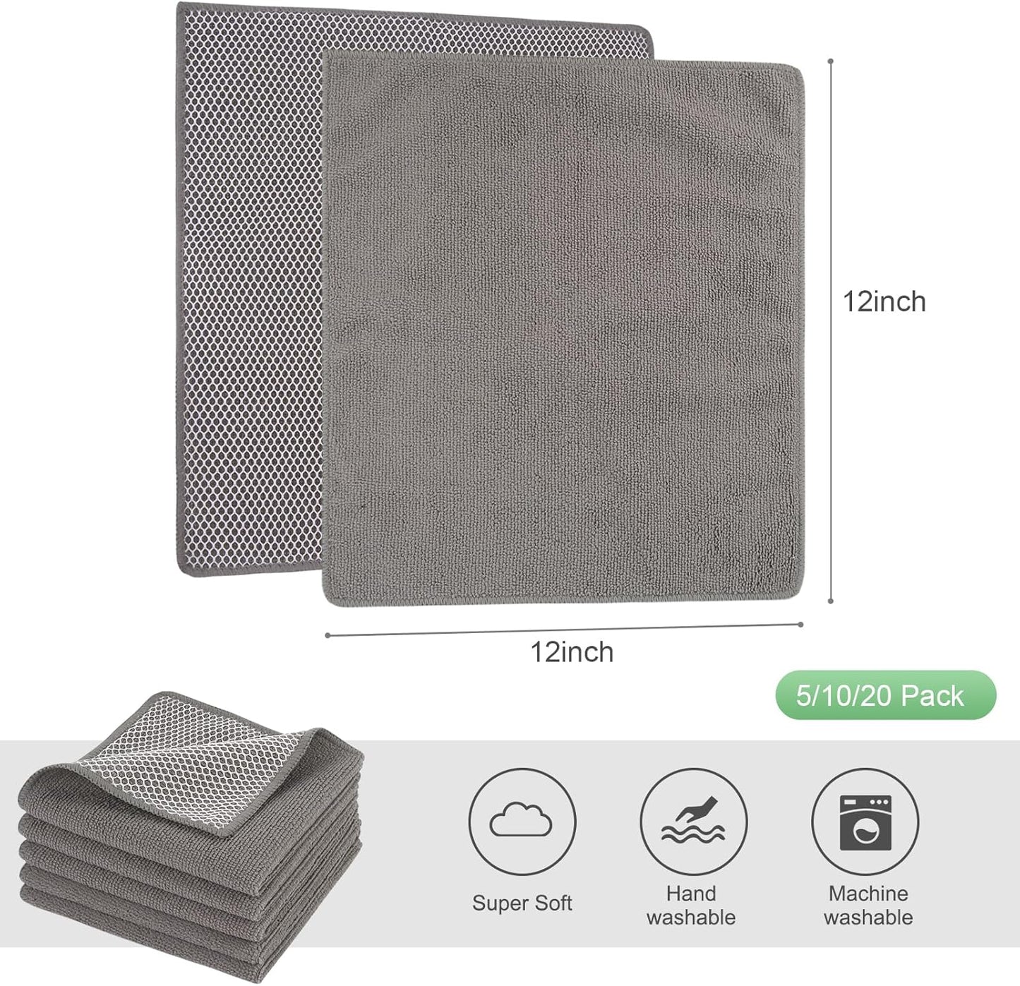 SINLAND Absorbent Microfiber Dish Cloths for Washing Dishes Best Kitchen Washcloth Cleaning Cloths with Poly Scour Side 12Inchx12 Inch 5 Pack, Grey
