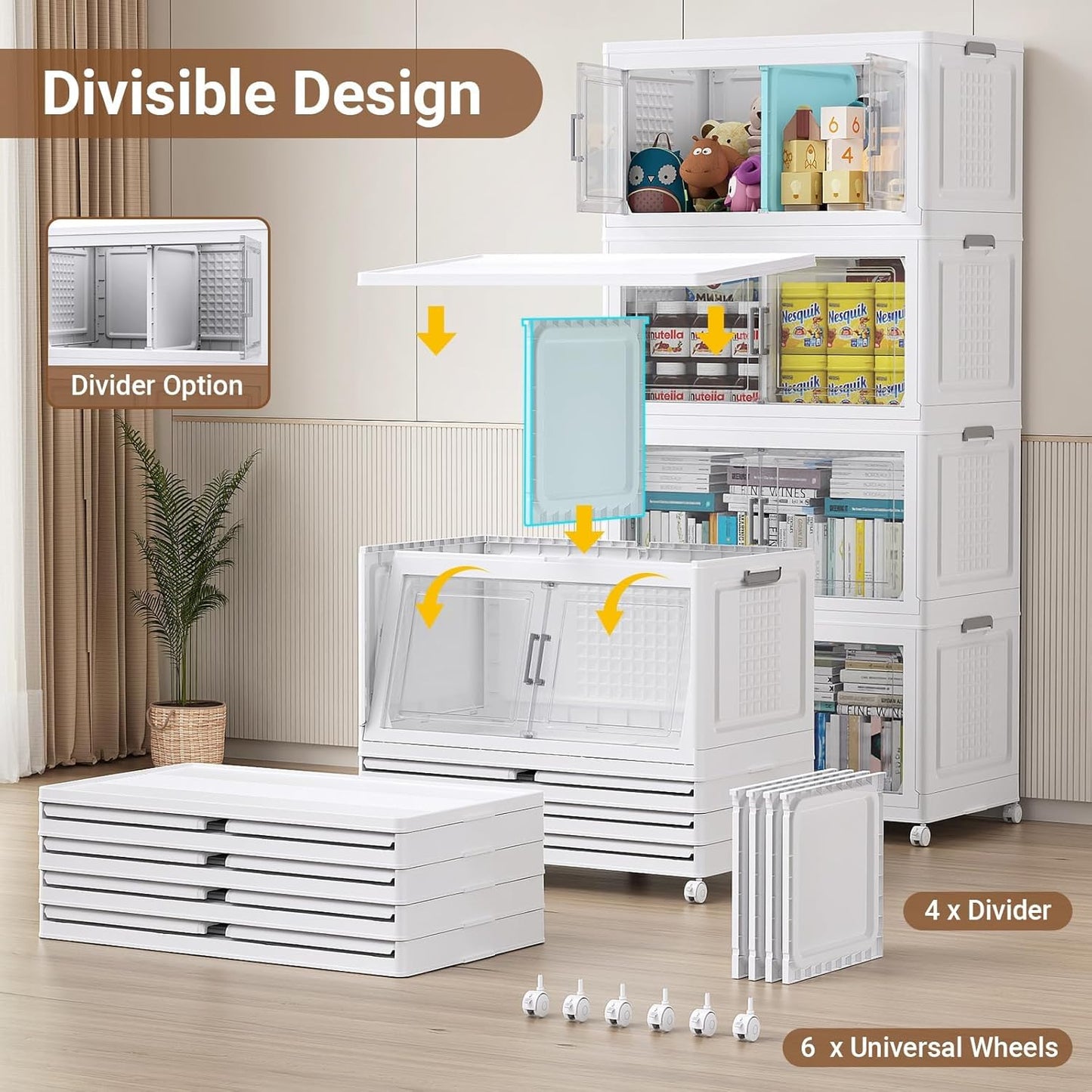 69.3"H 200Gal Plastic Storage Bins with Lid & Wheels,4Pack Extra Large Stackable Storage Bins with Dividers,Closet Organizers and Storage Cabinet Shelves Collapsible Box for Home Kitchen,White