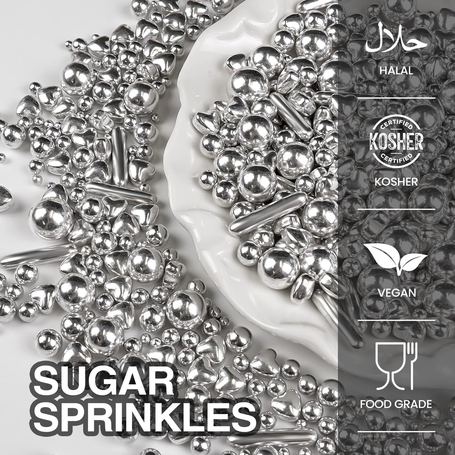 Silver Pearl Rods Heart Sprinkles, Baking Sugar, Silver Sprinkles for Cake, Mix Size, Cupcake Decoration, Holiday, Mother's Day, Wedding Party Supplies