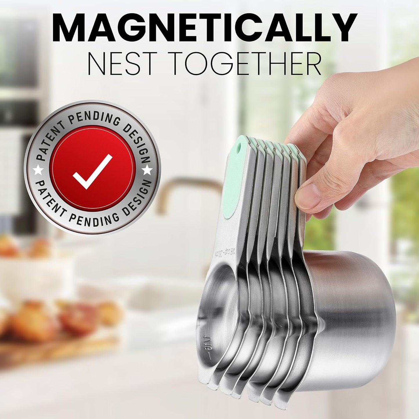 Spring Chef Magnetic Stainless Steel Measuring Cups, Patented, Kitchen Tools with Easy to Read Markings for Measuring Dry or Liquid Ingredients, Set of 7, Mint