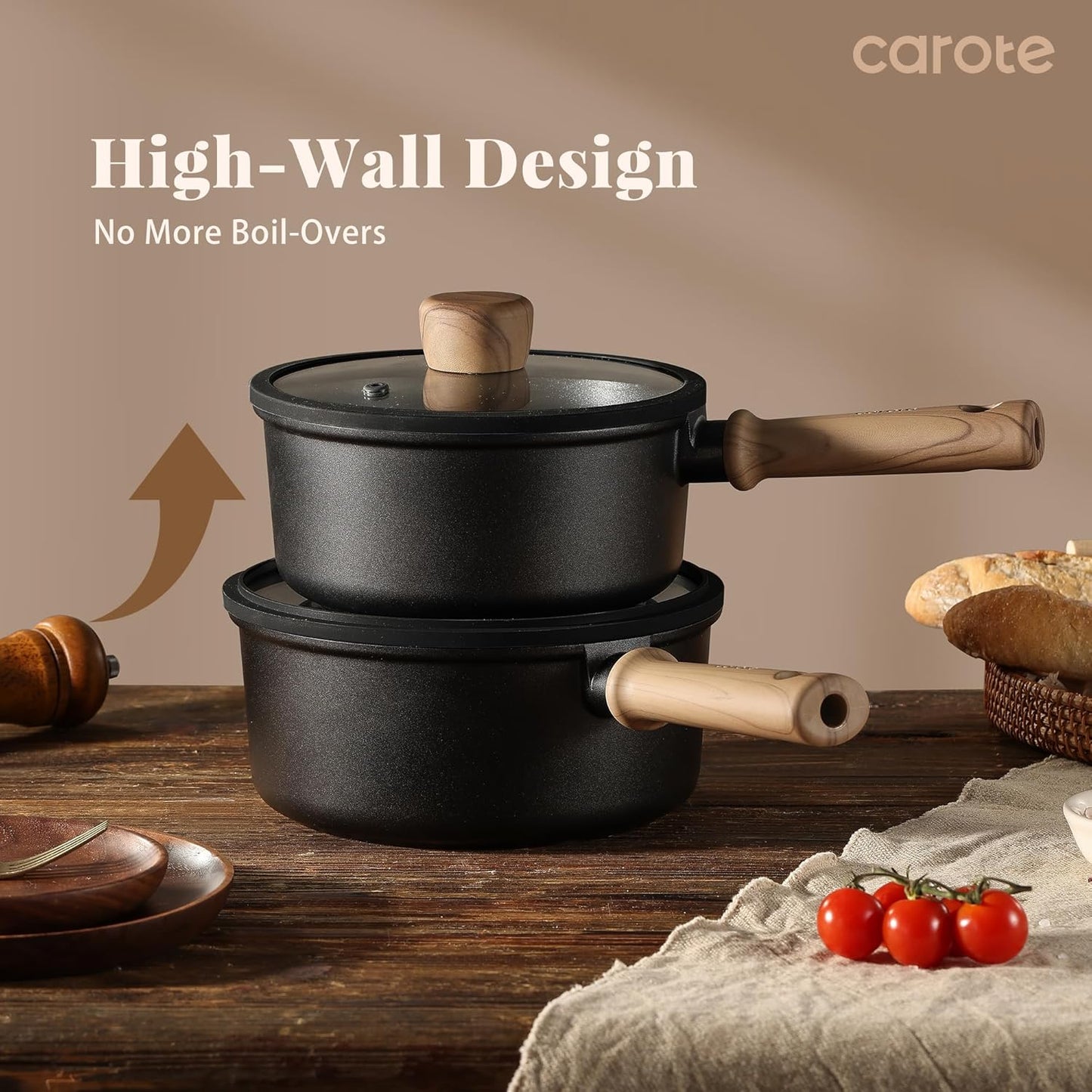 CAROTE Nonstick Sauce Pan Set With Lid, 1.5Qt & 2.6Qt Non Stick Saucepan Small Pots for Cooking, Multipurpose Ultra-light Titanium Small Kitchen Cooking pots, Induction Compatible, PFOA/PFOS Free